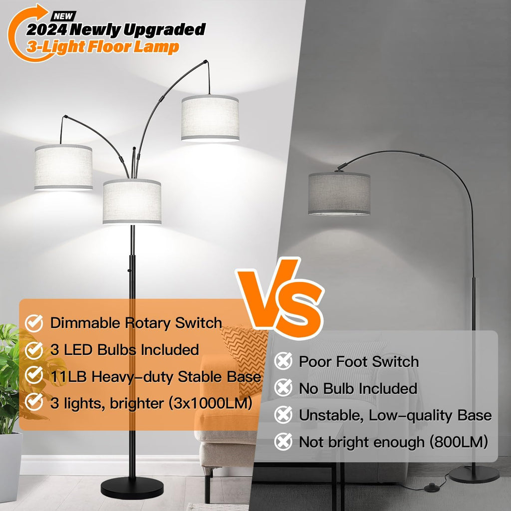 Dimmable Floor Lamp, 3 Lights Black Arc Floor Lamp, Modern Tall Standing Tree Lamp with Grey Linen Shades & Heavy Base