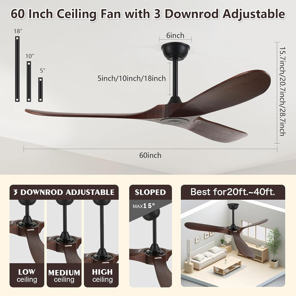 60'' Solid Wood Blades Ceiling Fan without Light,Quiet and Large Airflow with Speed Memory Function