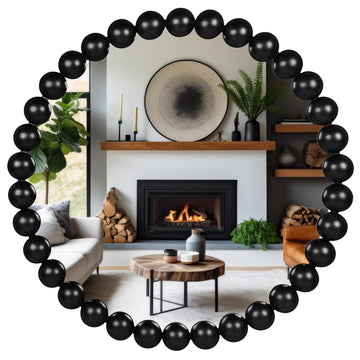 24 Inch Round Wall Mirror Black Decorative Wall Mirror with Wood Beads - Decorative Circle Beaded Mirror and Modern