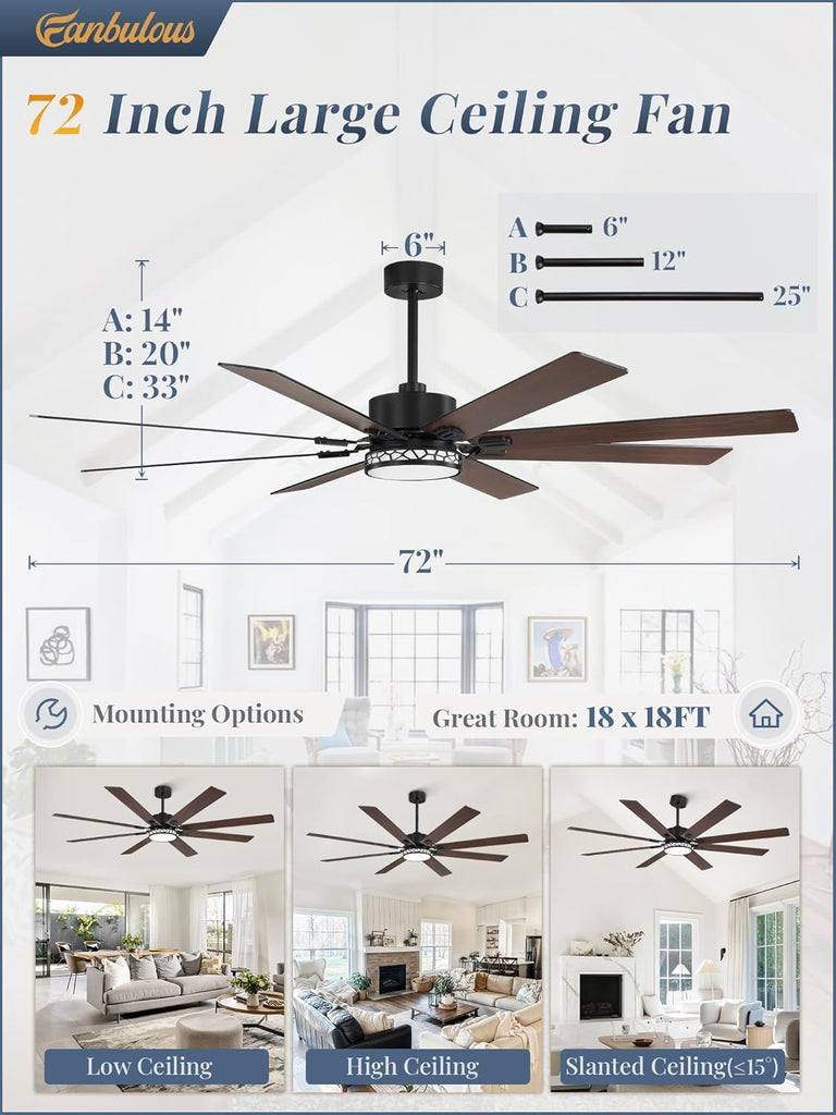 72" Ceiling Fan with LED Light and Remote - Black