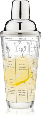 Glass Cocktail Shaker with 7 Classic Recipes and Measurements for Cold Brew Cocktails, Home Bar Accessories, Bar