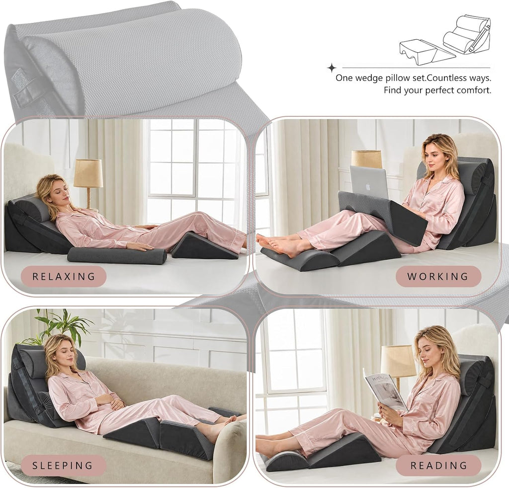 6-Piece Upper Body Rest Wedge Pillow Set for Post-Surgery, Grey | Orthopedic Memory Foam Support, Elevated for