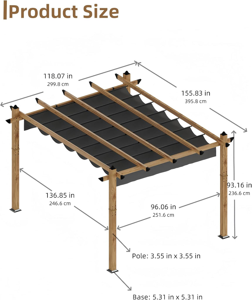 10' X 13' Outdoor Pergola with Retractable Canopy Aluminum Pergola Faux Wood Metal Pergolas Gazebo for Backyard, Deck