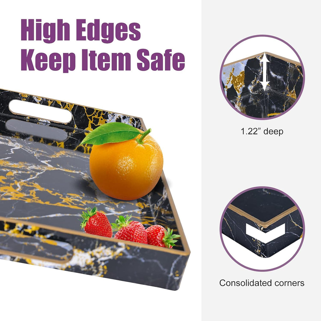 Black Serving Tray,Marble Decorative Serving Trays with Handles, Coffee Table Tray Ottoman Rectangular Plastic Trays