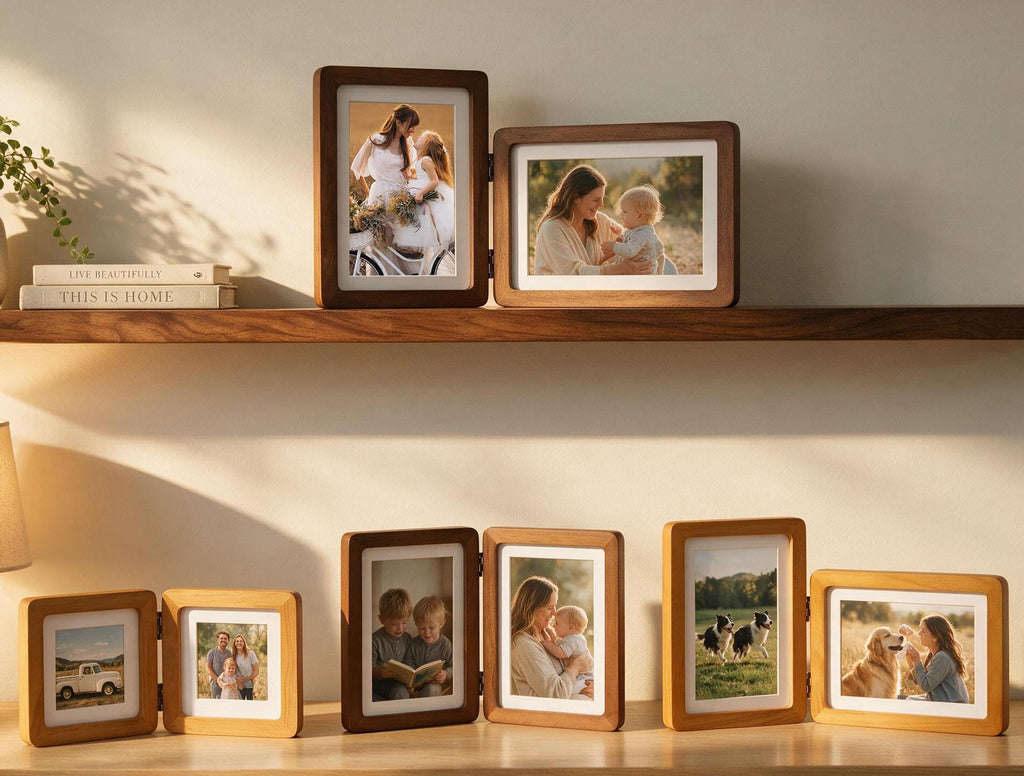 Hinged Double Picture Frame 5x7, Vertical Folding Pine Wood Frame with Real Glass, Matted to 4x6, Free-Standing