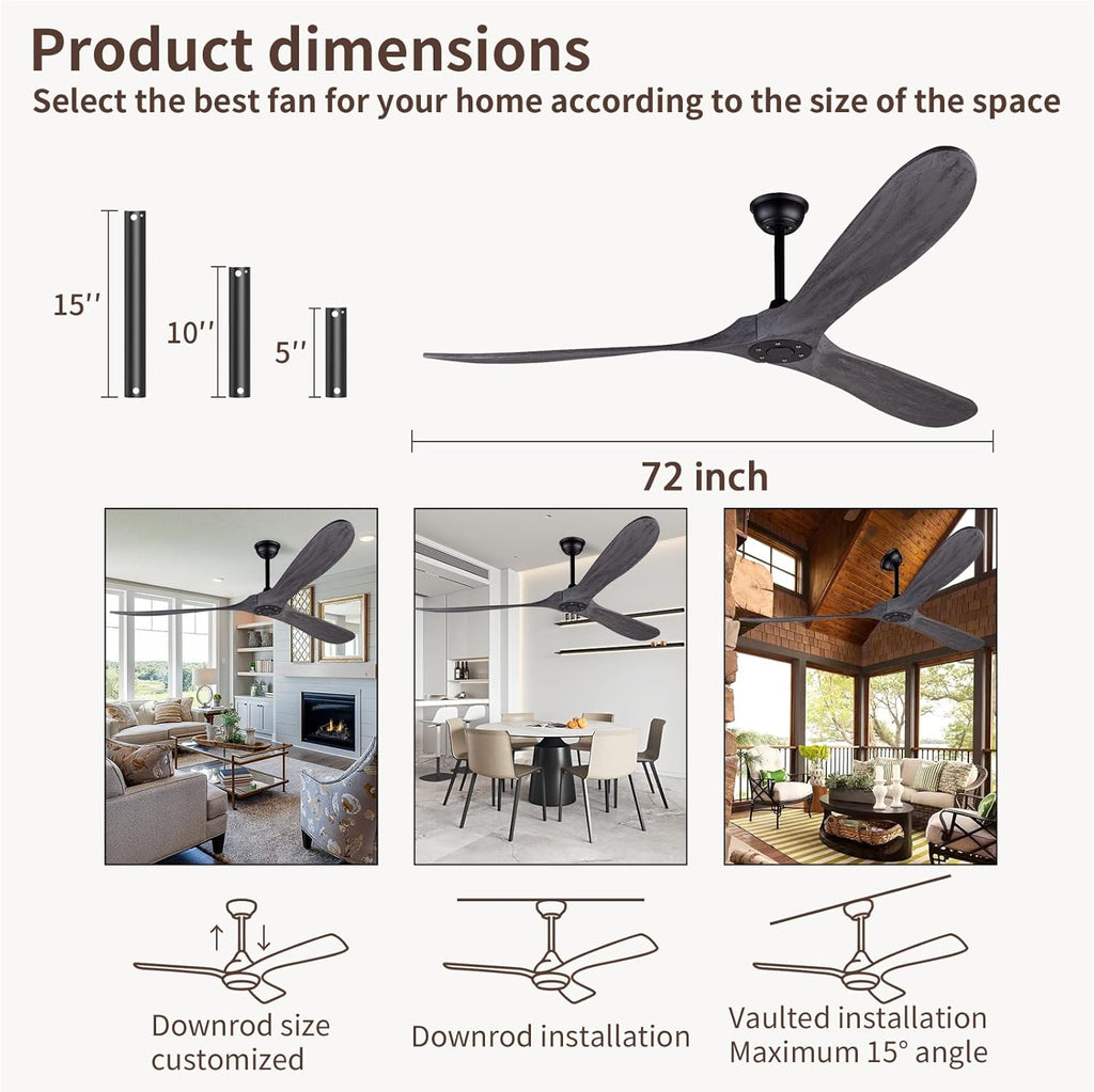 Inspired Maverick Style 72" Ceiling Fans Without Lights, 72 Inch Outdoor Ceiling Fans no Light, 3 Blade Solid Wood Waterproof Ceiling Fan with Remote Control for Living room Outdoor Farmhouse/Patios - Brushed Gray Blades
