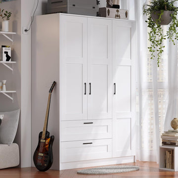 3 Doors Wooden Wardrobe Closet Armoire, White Storage Cabinet for Hanging Clothes, Bedroom Large Capacity