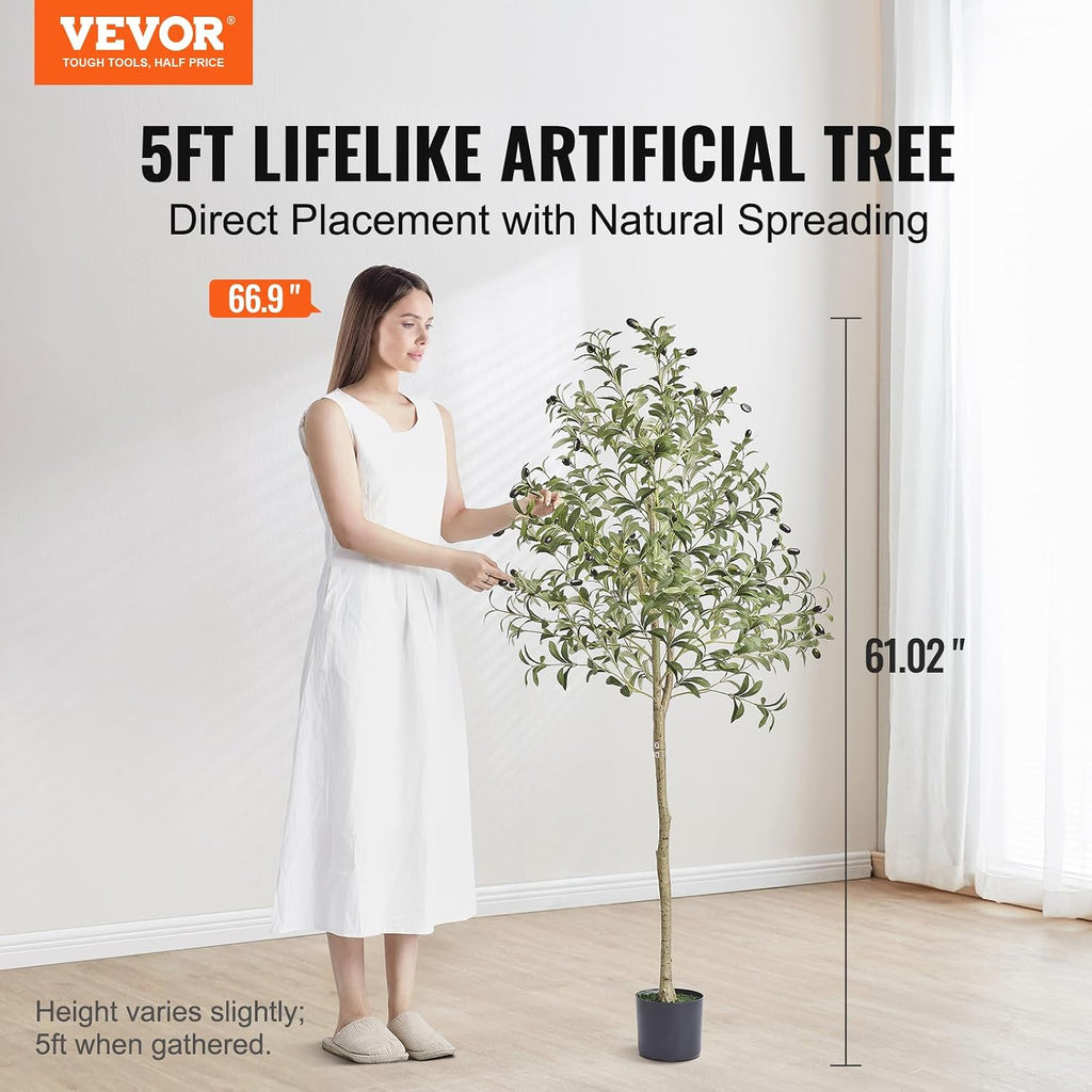 Artificial Olive Tree, 5 FT Tall Faux Plant, Secure PE Material & Anti-Tip Tilt Protection Low-Maintenance Plant