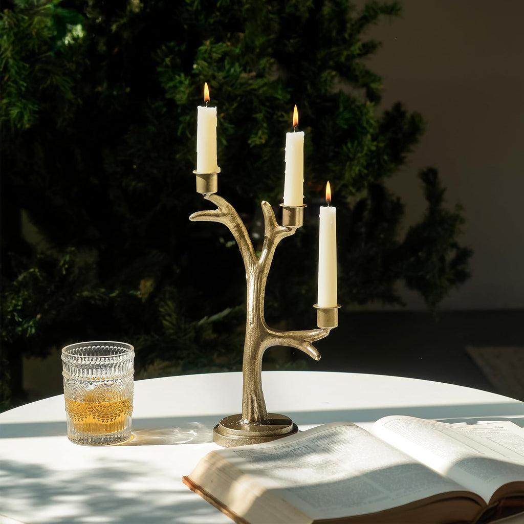 Vintage Gold 3 Arm Candelabra, Tree Branch Taper Candle Holder