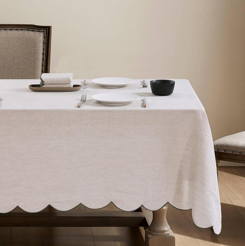 100% French Flax Linen Tablecloths Scalloped Embroidery Rectangle 120Lx60W Inch for Dinners, Parties