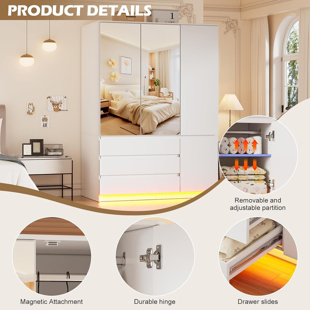 3 Doors Armoire Wardrobe Closet, 72.83" H Bedroom Armoires | Clothing Storage Cabinet with Mirror & Lights, 3