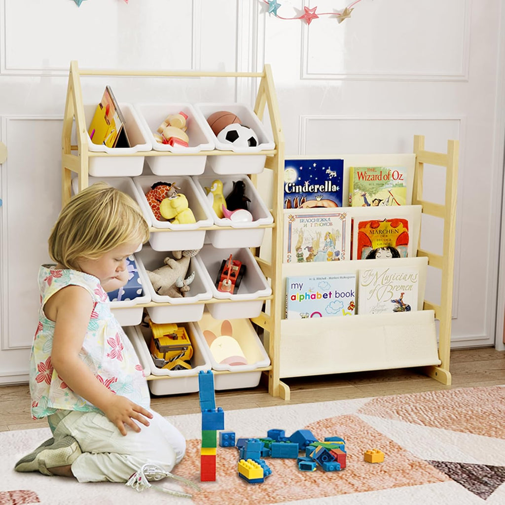 Wooden Toy Storage Organizer Kids Bookshelf, with 12 Toy Organizer Bins, Child Book Shelf for Kids Rooms, Nursery