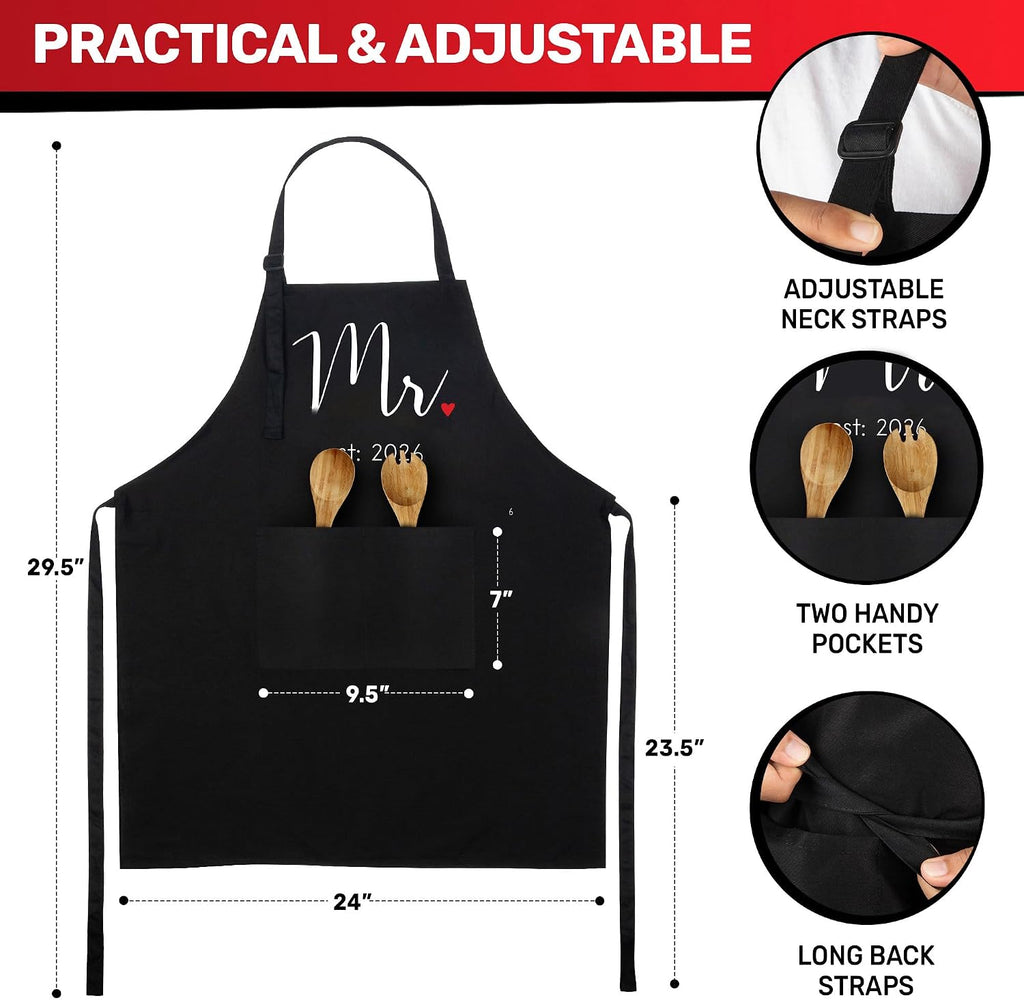 Couples Aprons, Mr. & Mrs. Est: 2026 Black & White