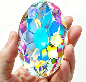 3.5 Inch Oval Crystal Prism Suncatcher, AB Rainbow Maker - AB Coating Faceted Glass Pendant, Colorful Light Catcher