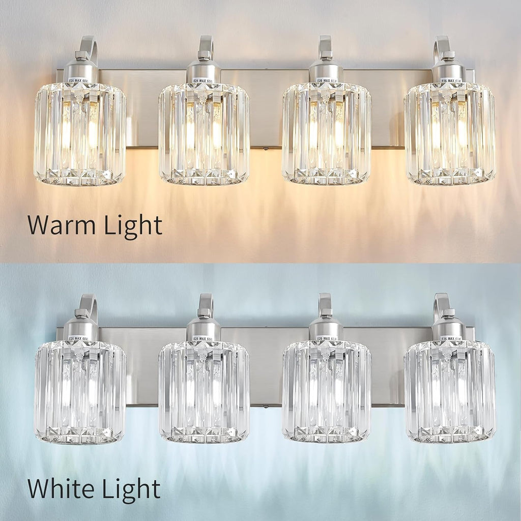 4 Lights Brushed Nickel Vanity Light Crystal Wall Light Bathroom Light Fixtures with Round Shade (Exclude Bulb)