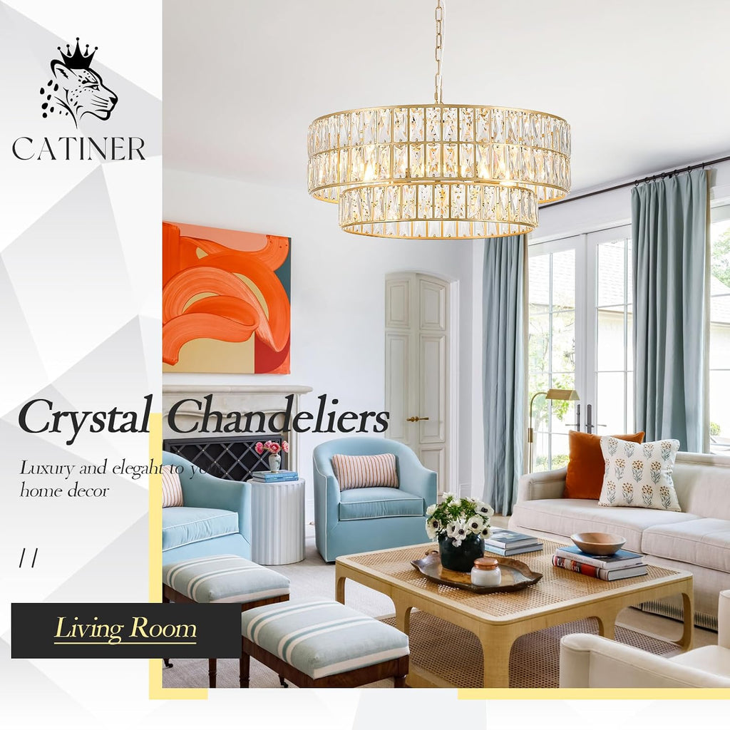 24'' Modern Crystal Chandelier 8-Lights Luxury Gold Semi Flush Mount Ceiling Light Fixtures Round Crystal Pendant
