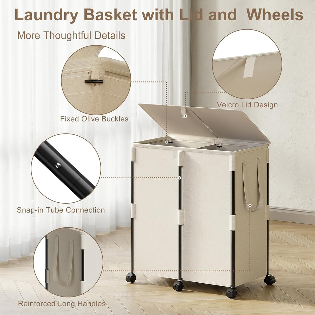 140L Double Laundry Hamper with Lid and 6 Wheels, Rolling Laundry Basket | Metal Frame Laundry Sorter 2 Section with