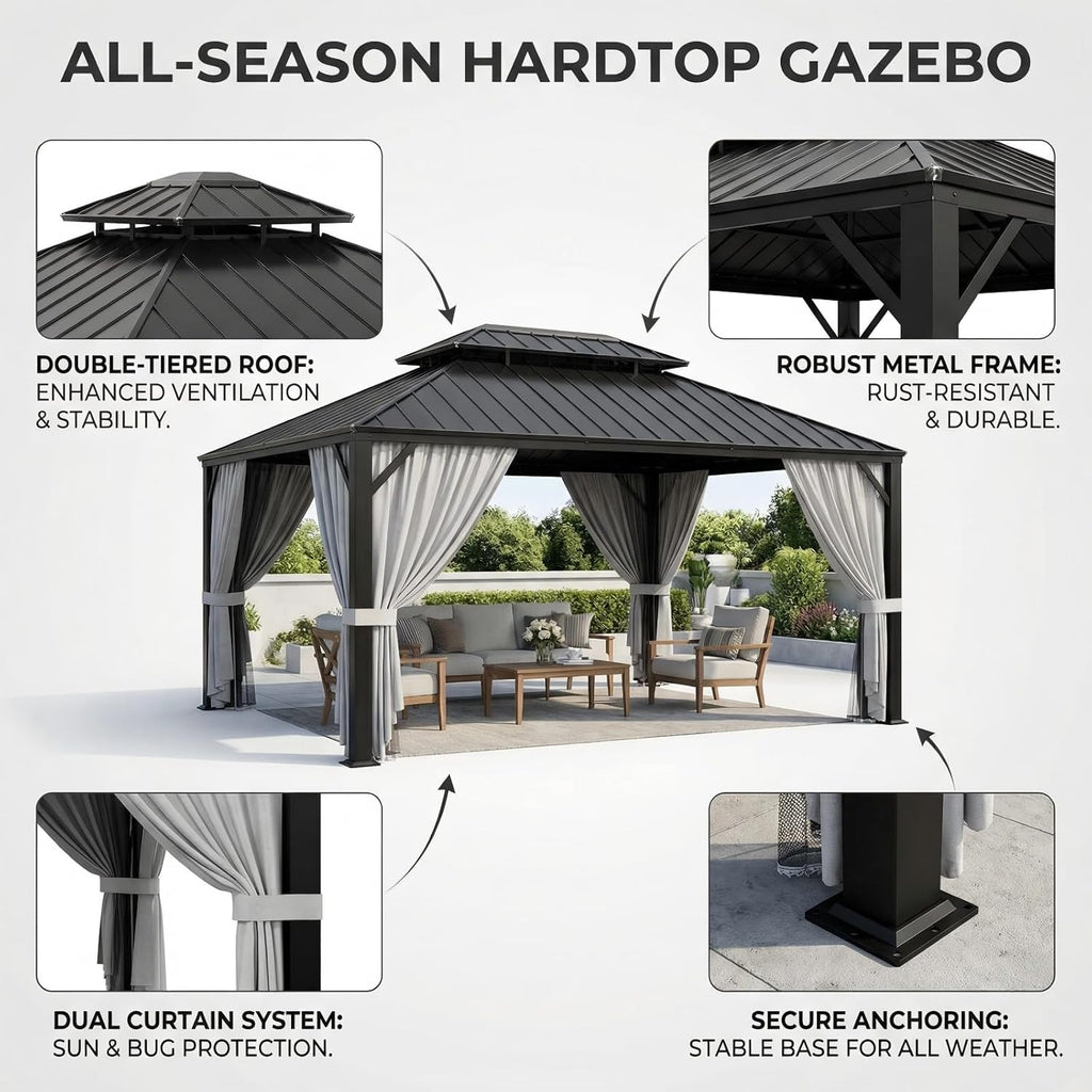 16'x12' Hardtop Gazebo, Update Aluminum Frame Gazebo with Galvanized Steel Double Roof