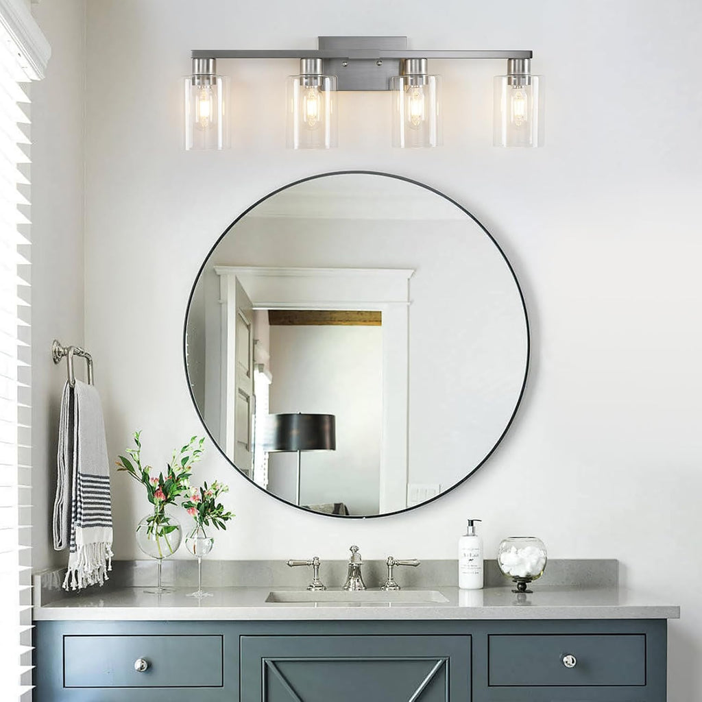 4 Light Bathroom Light Fixtures, Brushed Nickel Modern Bathroom Vanity Light with Clear Glass Shade, Bathroom
