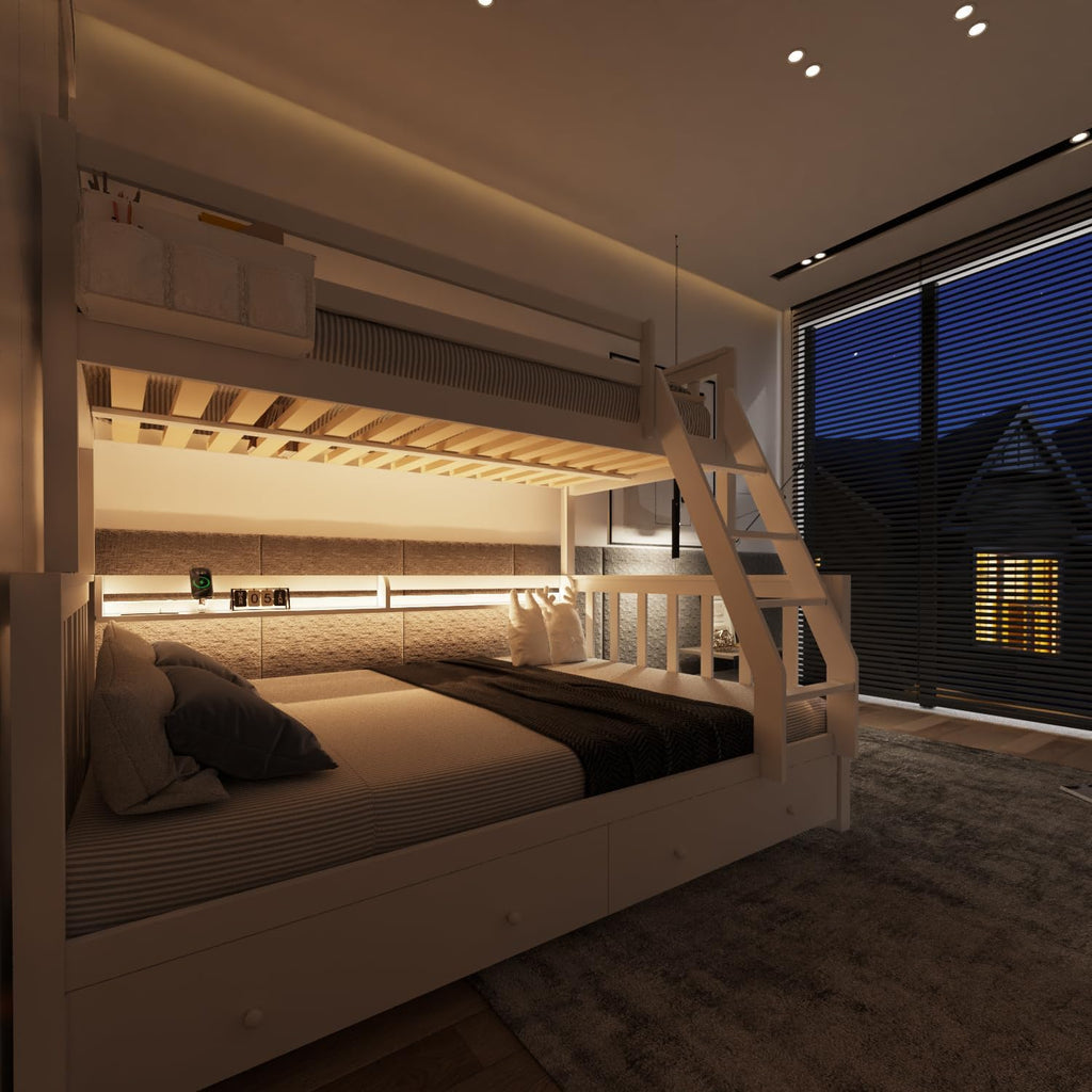 Solid Wood Bunk Bed with Charging Station and LED Lights Detachable Bunk Bed Twin Over Twin with 2 Storage Drawers