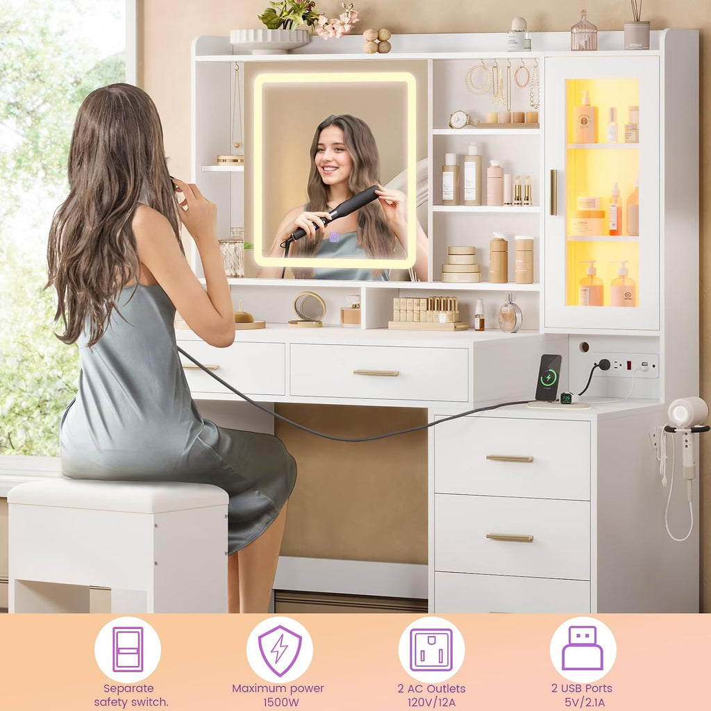 Makeup Vanity Desk with Sliding LED Lighted Mirror, 47.2"W Large Vanity Desk with Drawers, Shelves and Side Storage