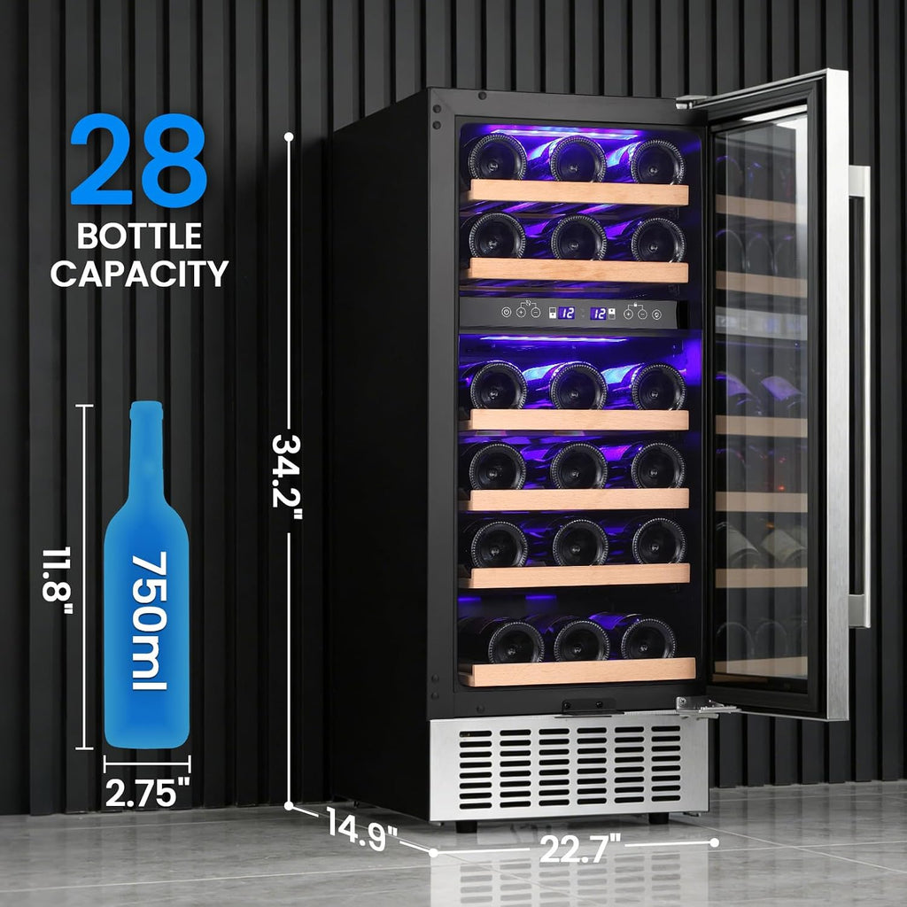 Wine Fridge 15" Wine Cooler Under Counter Beverage Refrigerator Beer Mini Fridge 28 Bottles Dual Zone Built
