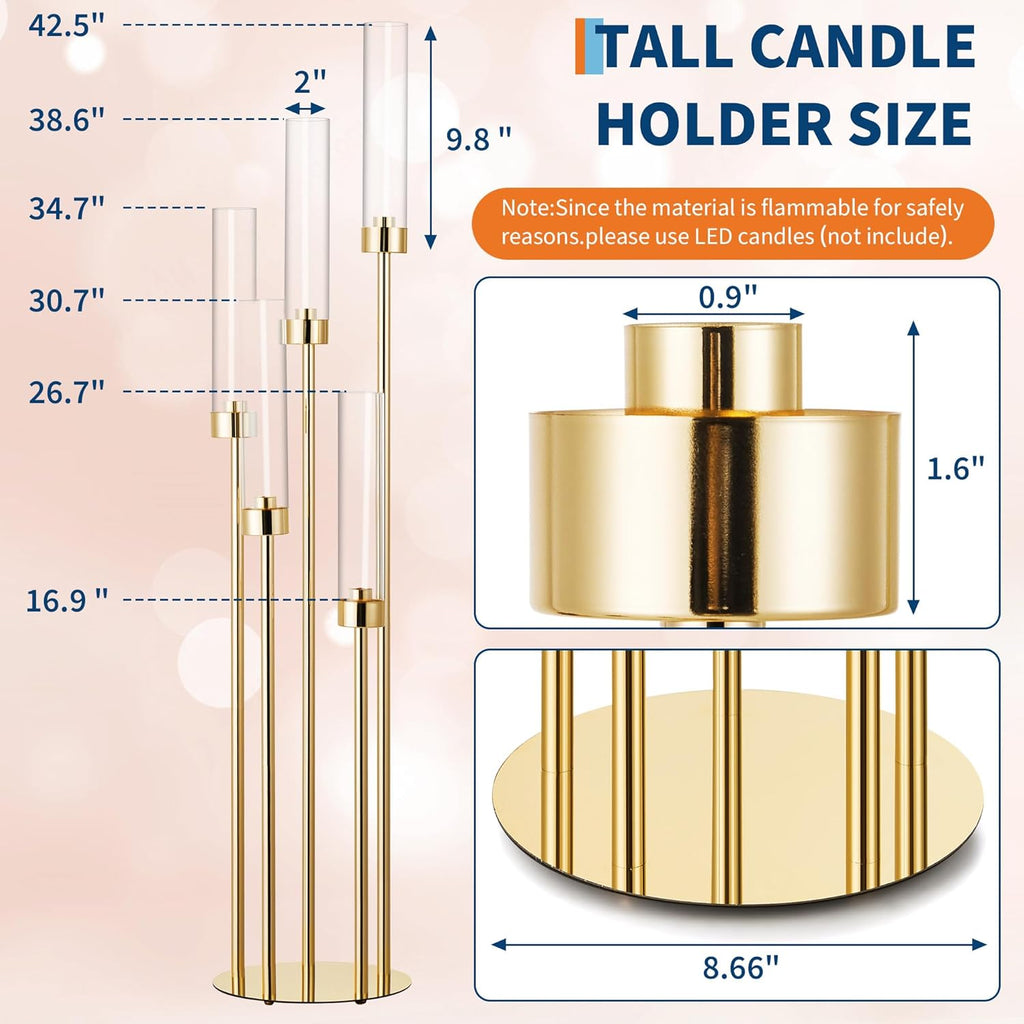 2PCS 42.5In 5 Arm Gold Floor Candelabra, Tall Metal Candle Centerpieces for Tables with Acrylic Lampshade, Home