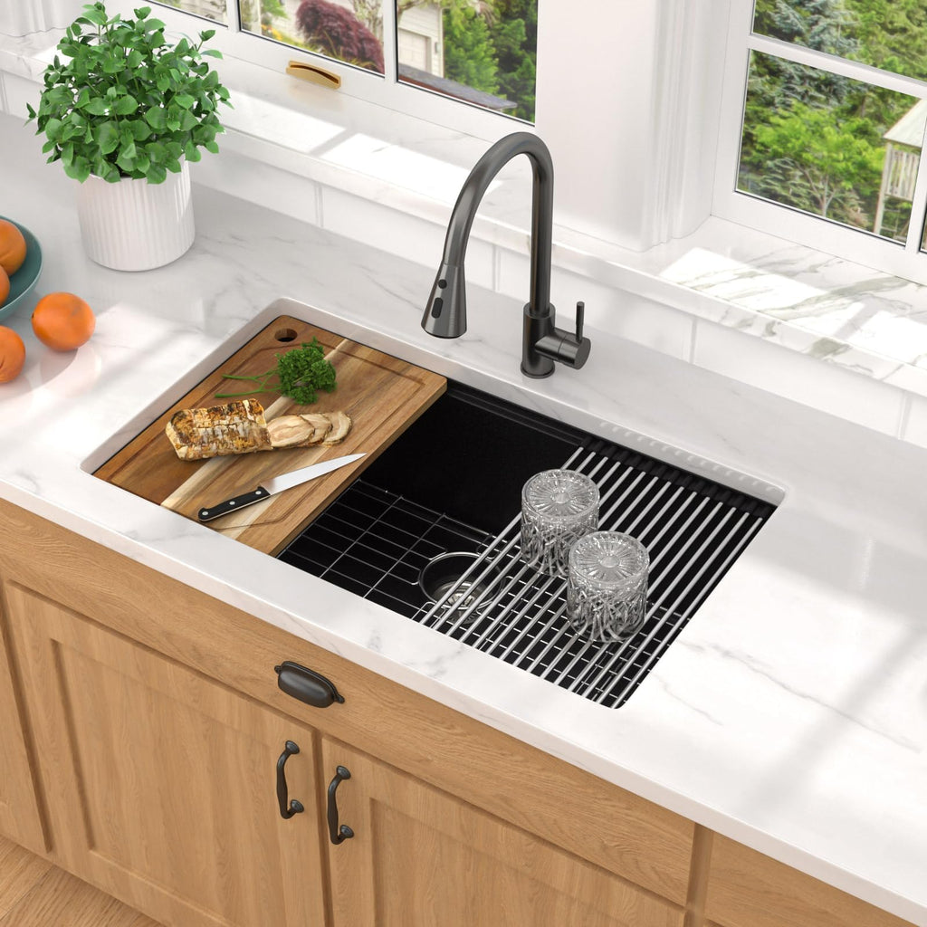 32x19" Black Undermount Kitchen Sink, Granite Composite Workstation
