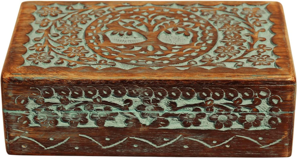 Carved Wooden Box - Decorative Memory Storage Wood Case Single Compartment for Women and Men Jewelry - Vintage