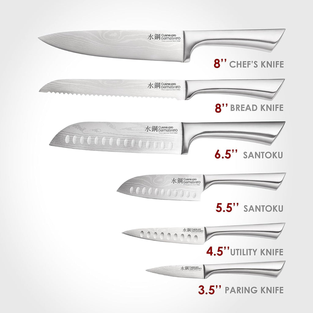 Damashiro Knife Block (Kumi, 7-Piece Chef Knife Set) - Japanese Steel Knife - Magnetic Knife Block- Damascus-Inspired