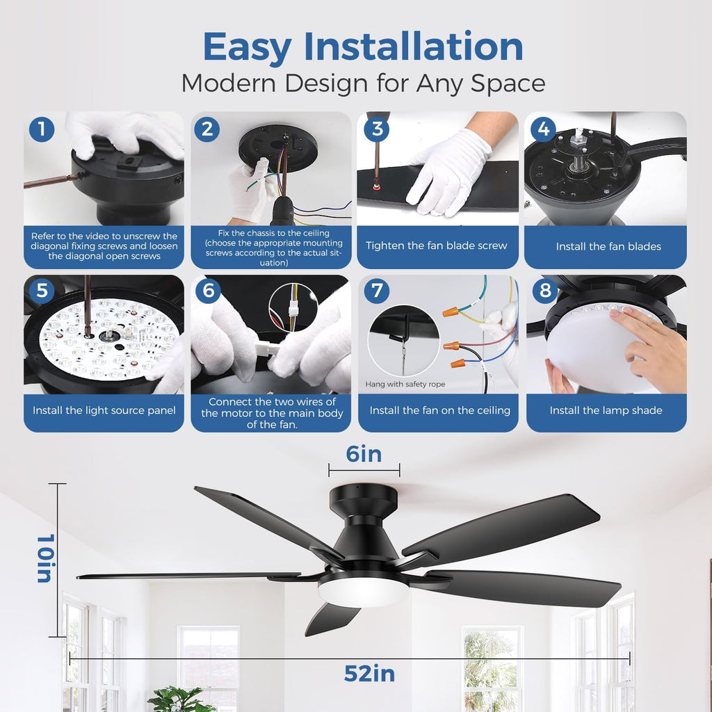52 Inch Ceiling Fans with Lights, Remote & App Control, Quiet Reversible DC Motor, 6 Speeds, Dimmable 3CCT LED Light