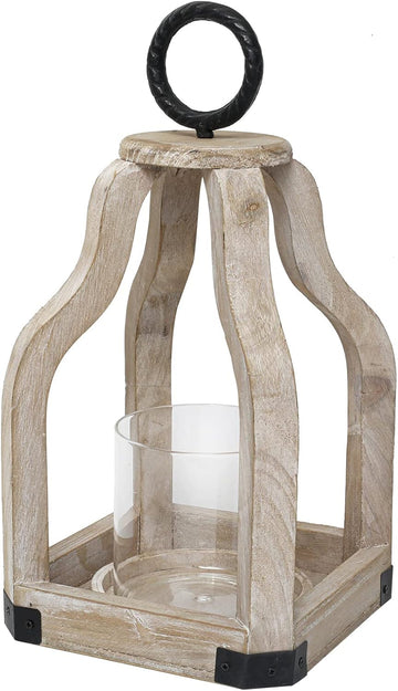 13" Rustic Farmhouse Wood Candle Hurricane Lantern with Glass Candlestick Holder for Patio, Table Centerpiece, White