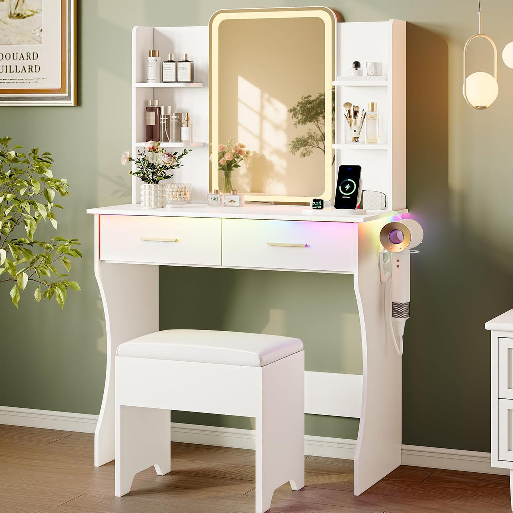 Makeup Vanity Desk with LED Lights and Mirror, Vanity Table Set with Charging Station&Cushioned Stool, 3 Lighting