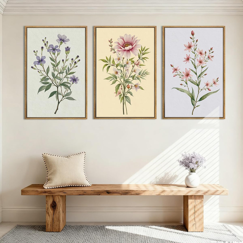 Boho Floral Canvas Wall Art, Framed Minimalist Beige Wildflower Wall Decor, Neutral Botanical Painting 16x24 Inch Set