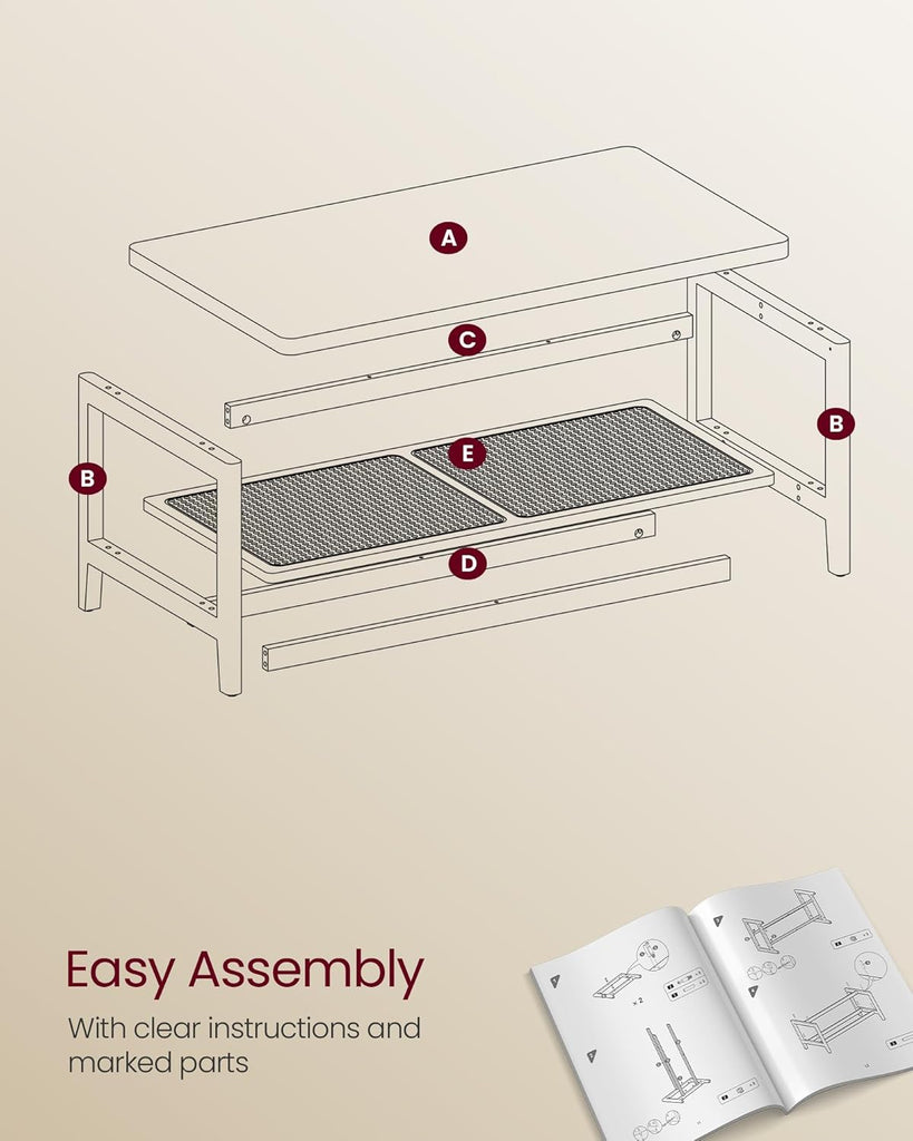 2-Tier Coffee Table, Rectangular Living Room Table, with PVC Rattan Storage Shelf, Rounded Corners, Easy Assembly