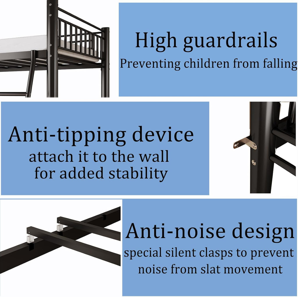 Bunk Bed Twin Over Twin, Metal Bed Frame, Twin Bunk Bed with Stairs and Safety Guardrail, No Box Spring Needed