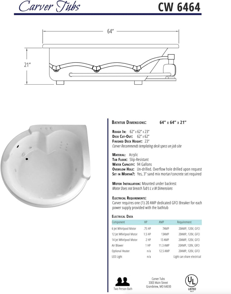 Tubs - CW6464 - Modern Acrylic Fiberglass Soaking Corner Bathtub - Drop in White Curved Rounded Acrylic Corner Bath