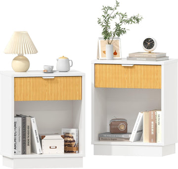 Fluted Night Stand Set 2, Large Wood Bedside Table Set of 2 Nightstands Set of 2 with Drawer and Storage Shelf