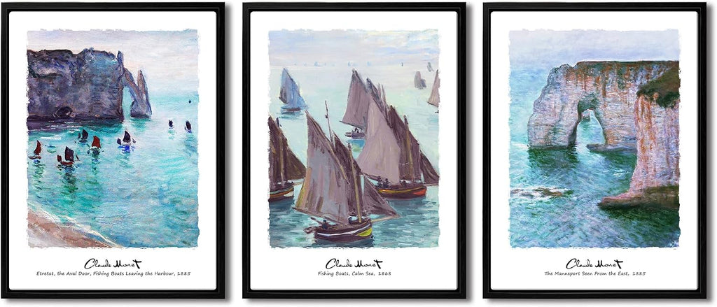 3-Piece Claude Monet Prints Framed Wall Art, Fishing Boats Cliffs at Etretat The Aval Door Oil Painting Reproduction