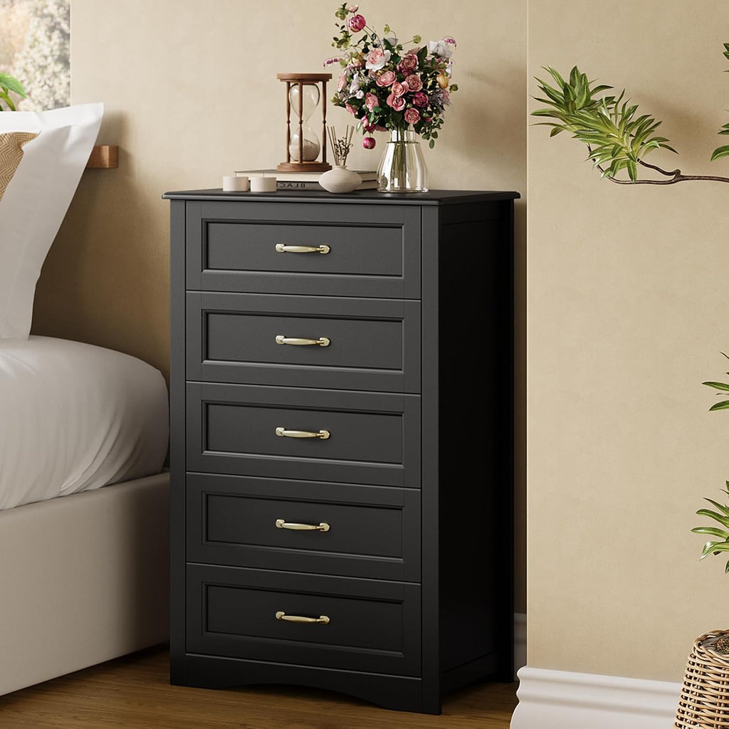 5 Drawer Dresser, Black Wood Chest of Drawers , 43.3" Large Capacity Storage Cabinet with Anti-Tip Device, for