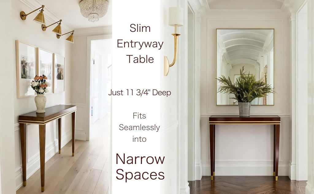 Modern Console Table - Narrow Hallway Table with Golden Accents, Walnut Veneer Hand-Finished - 11.75 Inch Deep Slim