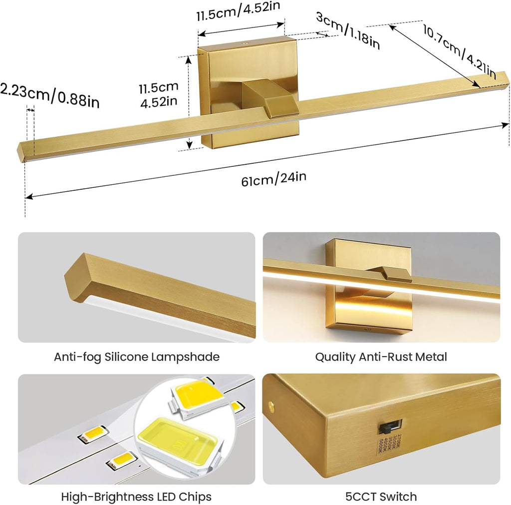 Gold LED Bathroom Vanity Light 24 Inch 18W Dimmable 5CCT Bathroom Lighting Fixtures Over Mirror Modern Brushed Gold