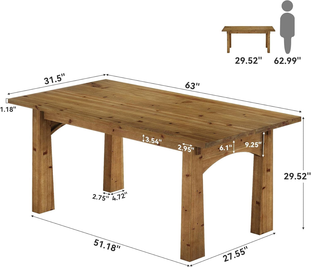 Solid Wood Dining Table for 4-6 People, 63-Inch Farmhouse Kitchen Table with Rich Grain and Texture, Wooden