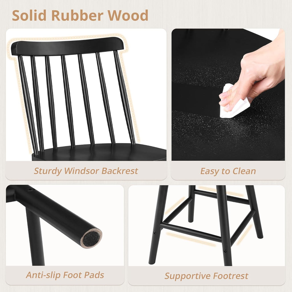 360° Swivel Bar Stools Set of 3, Black Windsor Barstools, Counter Height Barstool with Spindle Back, 24 inch