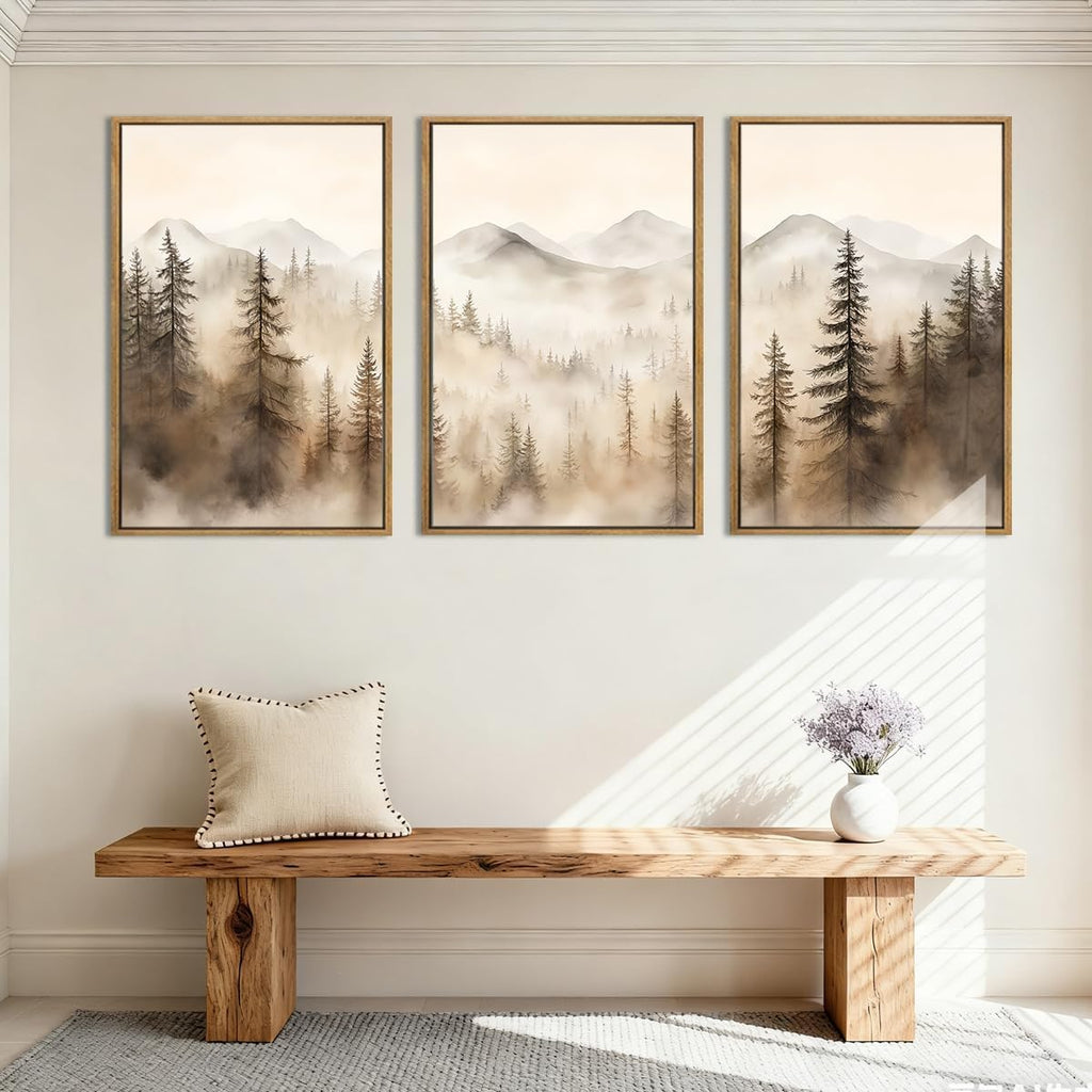 Large Mountain Forest Framed Canvas Wall Art 16x24 Inch Set of 3 Abstract Misty Woodland Painting Modern Farmhouse