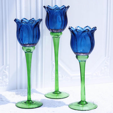 Blue Flower Tealight Candle Holder Set of 3 with Different Heights, Lovely Tulips Tea Light Candle Holder Glass Table