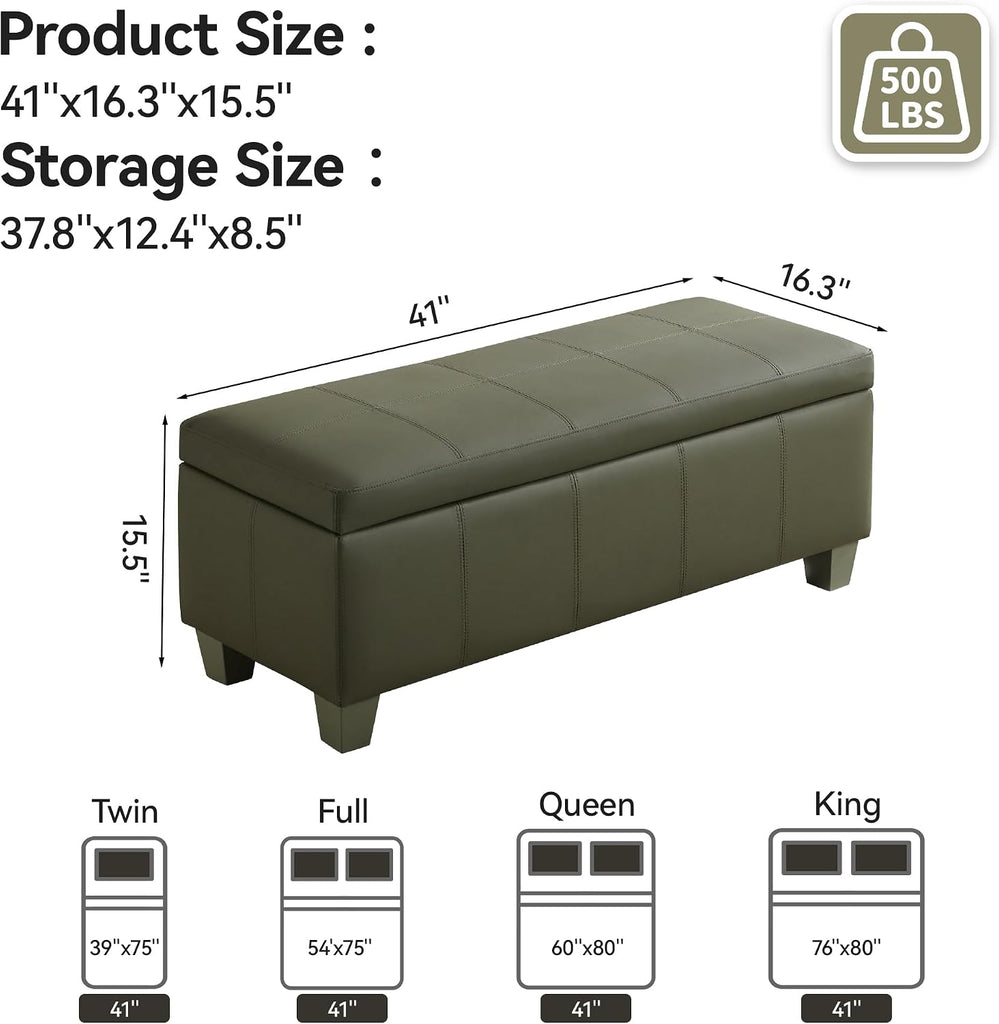 41" Faux Leather Storage Ottoman, Stitch Tufted Rectangle Upholstered End of Bed Storage Bench, Entryway Large Couch