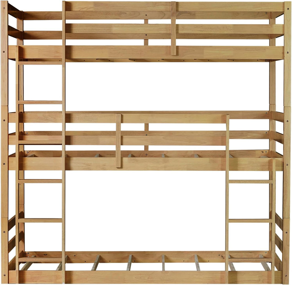 Triple Twin Bunk Bed, Solid Rubberwood 3-Tier Bed with 2 Ladders & Guardrails