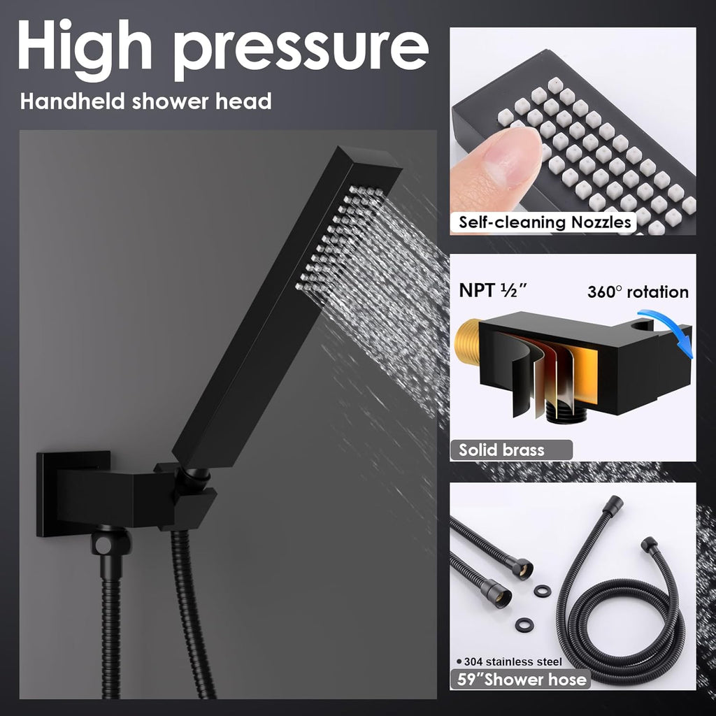 Square Matte Black Solid Brass Eco-Performance Hand Held Shower Head with Wall Connector and Hose Wall Mount Handheld