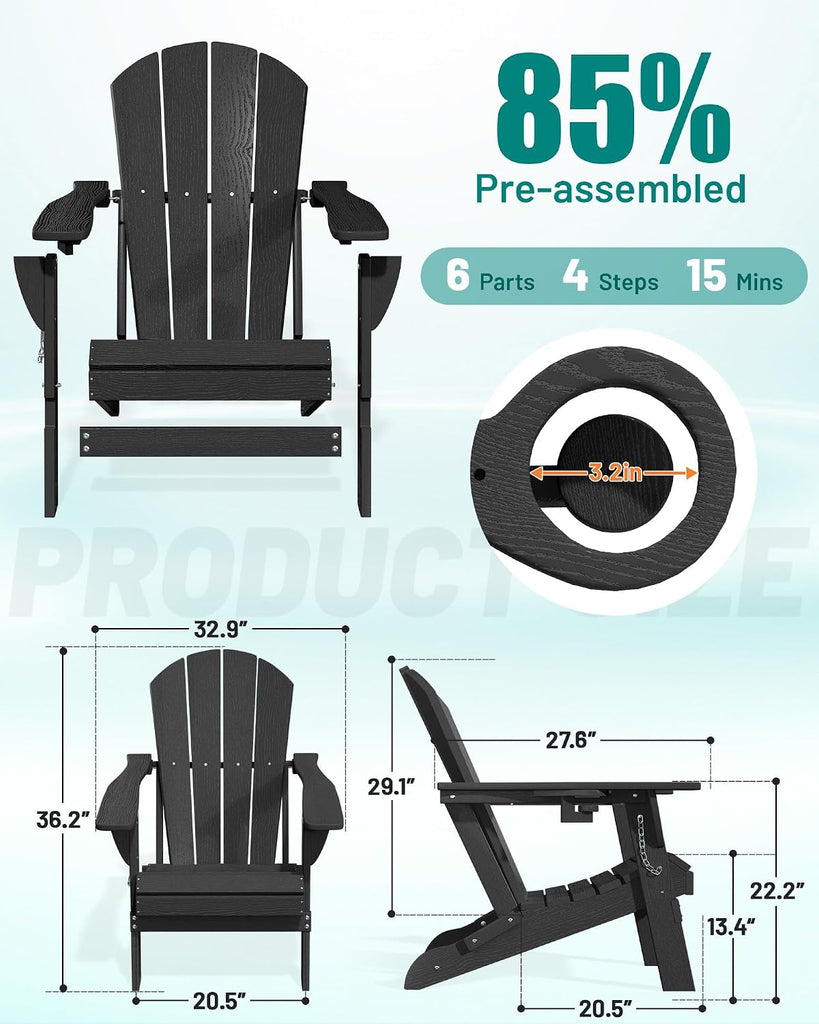 Adirondack Chair Set of 2, Fire Pit Chairs with Cup Holder, Black | Wood-Grain Fade-Proof, Ergonomic, Foldable